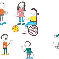 verschiedene gemalte Personen, eine Person im Rollstuhl, eine Person mit Gipsbein, eine Mädchen mit verbundener Hand. Einige gemalte Figuren spielen sich den Ball zu.