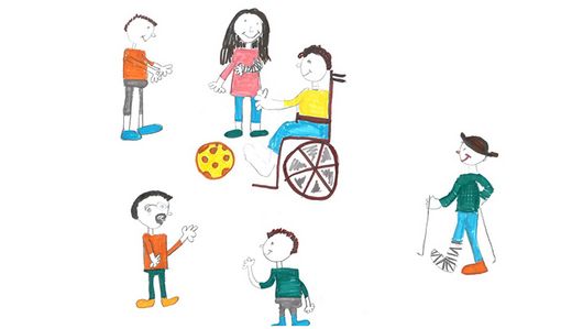 gemaltes Bild von Kinder, die mit einander Ball spielen und reden - einige unterhalten sich in Gebärdensprache, ein Kind sitzt im Rollstuhl, ein Junge hat ein gebrochenes Bein und ein Mädchen einen gebrochenen Arm