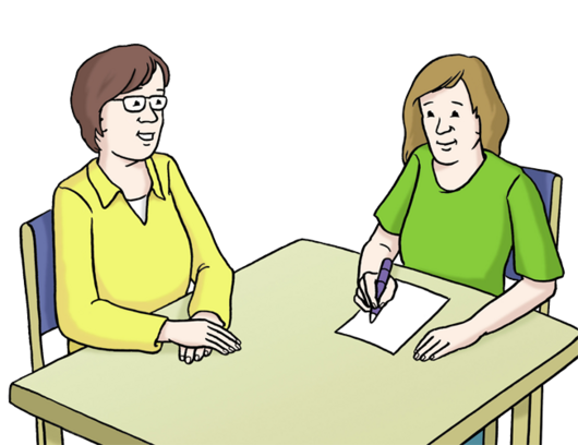 Zeichnung zwei Personen sitzen am Tisch, eine Person schreibt auf ein Blatt Papier