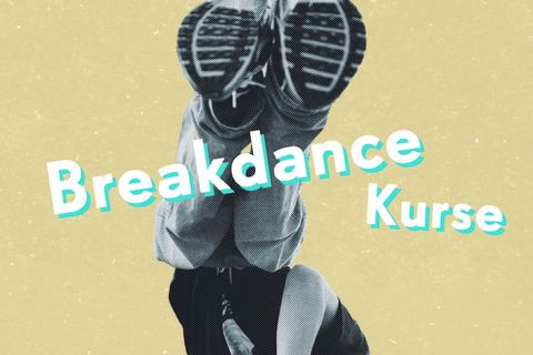 Ein junger Mensch beim Breakdance tanzen. Darüber der Schriftzug "Breaking Out - Breakdance-Kurse für Menschen mit Behinderung"