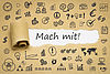 Text "Mach mit!" umrahmt von Symbole für ehrenamtliches Engagement