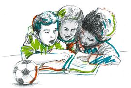 gezeichnetes Bild - drei Jungen schauen sich ein Buch an, davor liegt noch ein Fußball