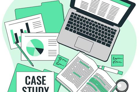 Auf einem weißen Hintergrund sind comicartig ein Laptops, ein Buch und mehrere Blätter mit Schrift und Diagrammen zu sehen. Auf dem weißen Blatt unten links steht "Case Study"