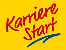Schriftzug Karrierestart in Rot mit gelben Hintergrund