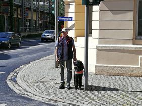 Warten mit dem Blindenführhund an der Ampel