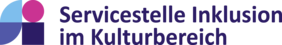 Logo der Servicestelle Inklusion im Kulturbereich in blauer Schrift und geometrischen Symbolen