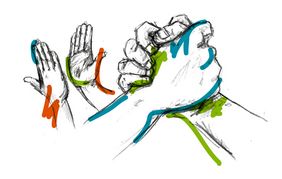 zwei Handpaare, ein Handpaar symbolisiert sich per Handschlag, das zweite Paar sind zwei entgegengesetzte Hände, gezeichnet in schwarz mit kleine Farbenakzenten