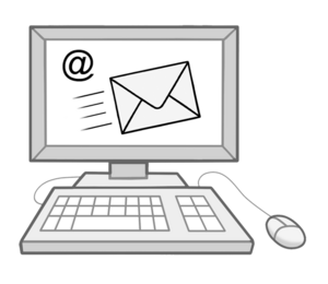 Zeichnung eines Computers mit Maus und Tastatur und @-Zeichen und einem Briefumschlag