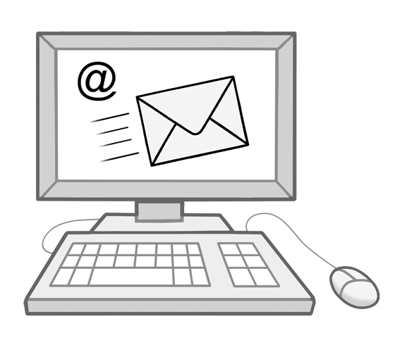 Zeichnung eines Computers mit Maus und Tastatur und @-Zeichen und einem Briefumschlag