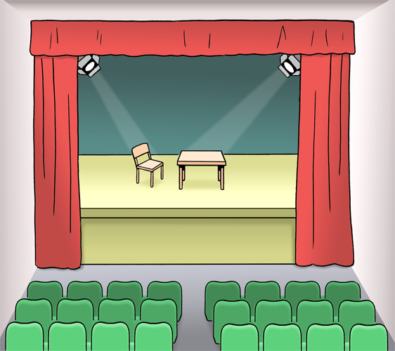 Blick auf die Bühne eines Theater mit rotem Vorhang und auf der Bühne steht ein Tisch und ein Stuhl