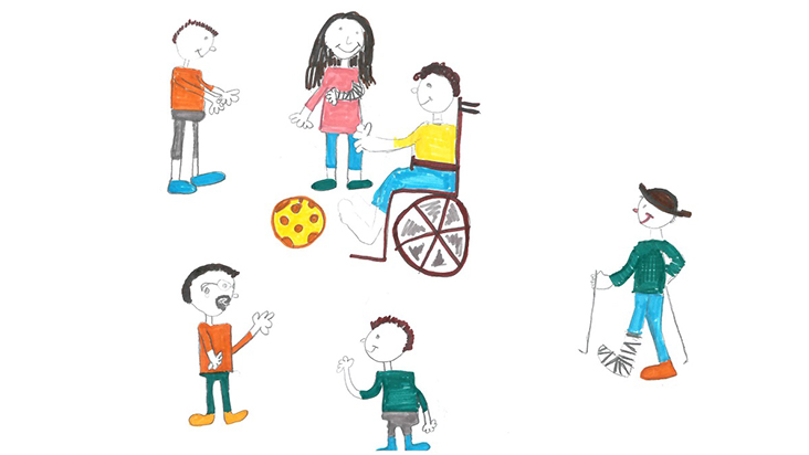 [Translate to Leichte Sprache:] gemaltes Bild von Kindern, die miteinander Ball spielen und reden. Ein Junge sitzt im Rollstuhl, zwei Kinder haben ein gebrochenes Bein oder einen gebrochenen Arm und zwei Kinder gebärden miteinander.