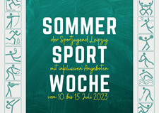 [Translate to Leichte Sprache:] Das Logo der SommerSportWoche in Leipzig. In einem grünen Viereck steht in weißer Schreit "Sommer Sport Woche". Links und rechts von dem grünen Viereck sind Strichmännchen zu sehen, die verschiedene Sportarten ausüben.